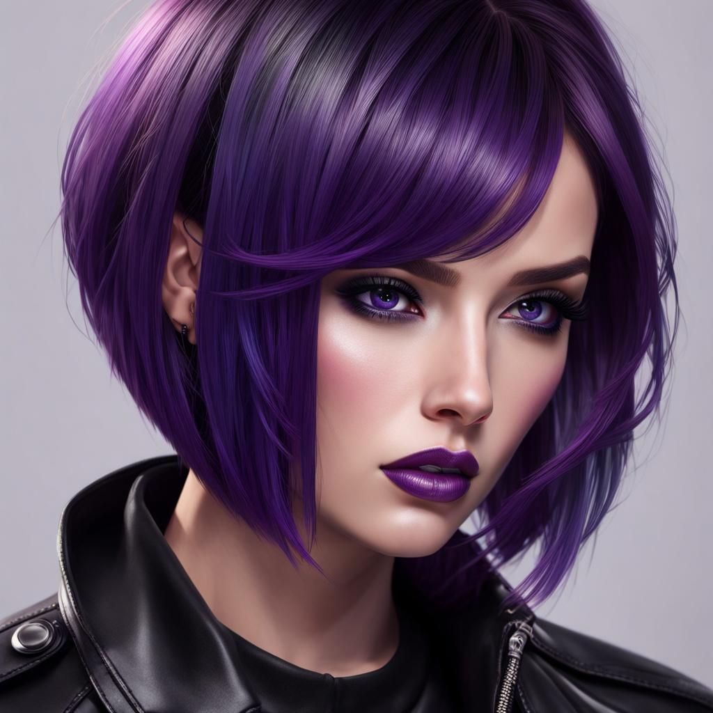 Hyperrealistic Girl with Purple Hair and Leather Jacket