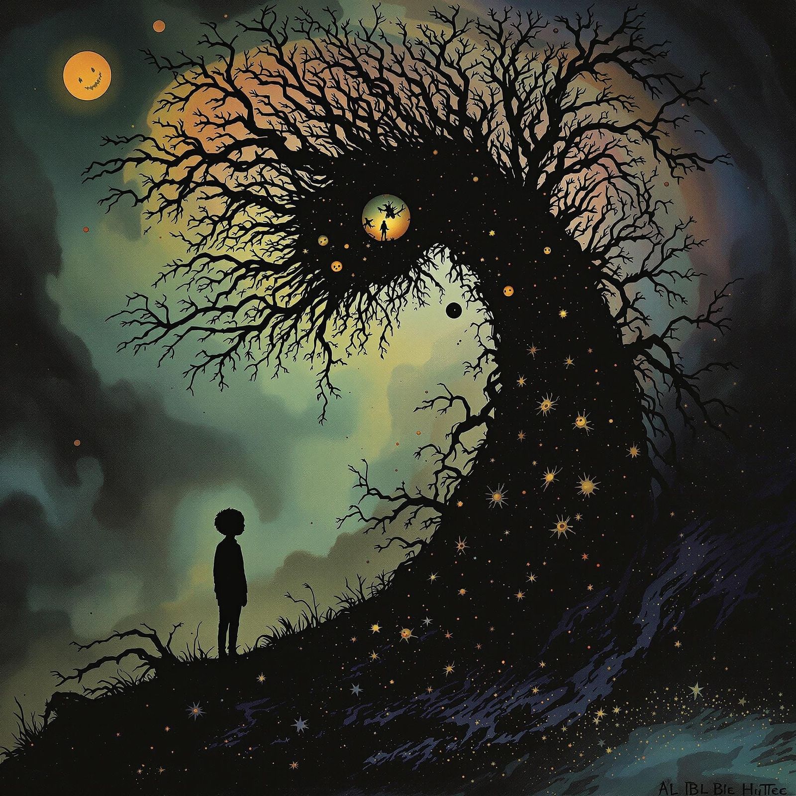 Boy Confronting His Inner Turmoil in a Melancholic Landscape