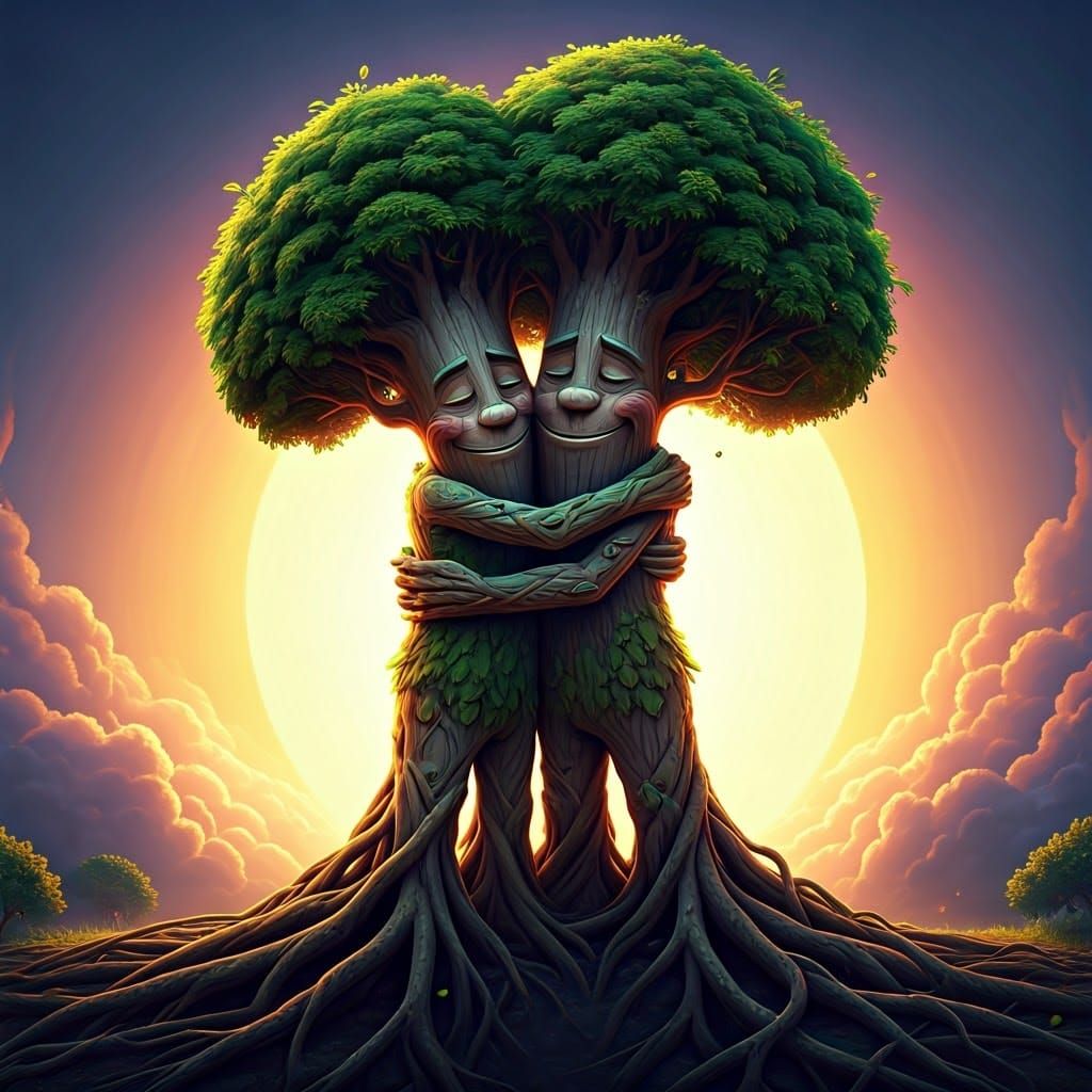 Anthropomorphic Trees Hugging in Forest Landscape