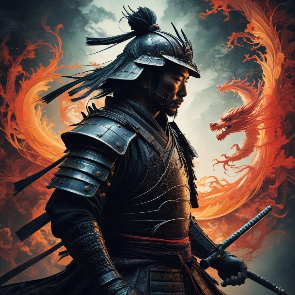 Surreal Samurai Dragon Double Exposure Painterly Realism