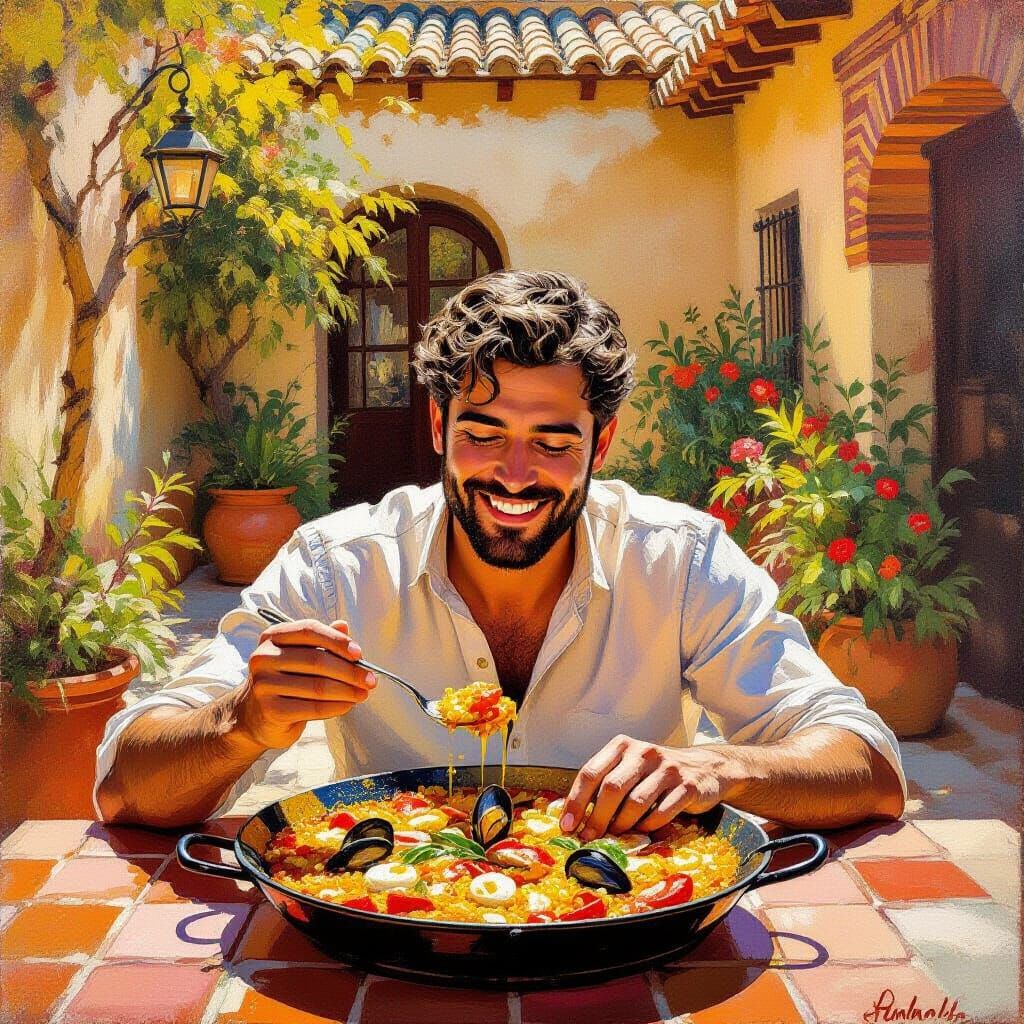Man Enjoying Paella in Sunny Valencia Courtyard Oil Painting