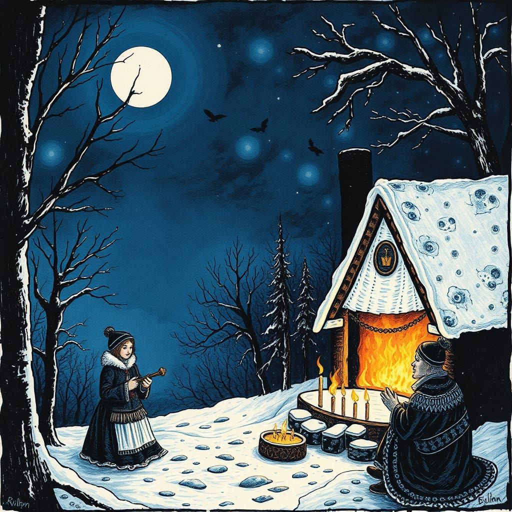 Winter Moonlit Rituals in Folk Art Style