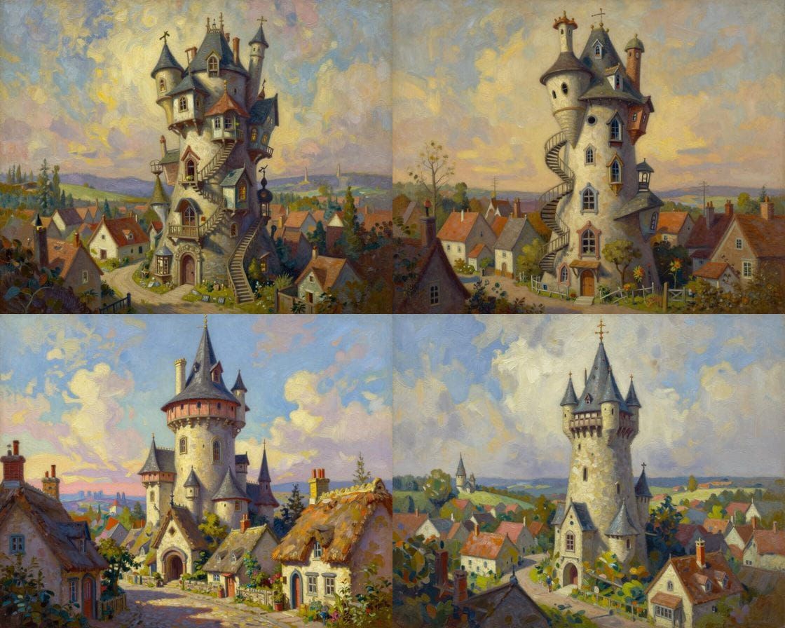 Whimsical Wizard Tower in Village, Oil Painting Style