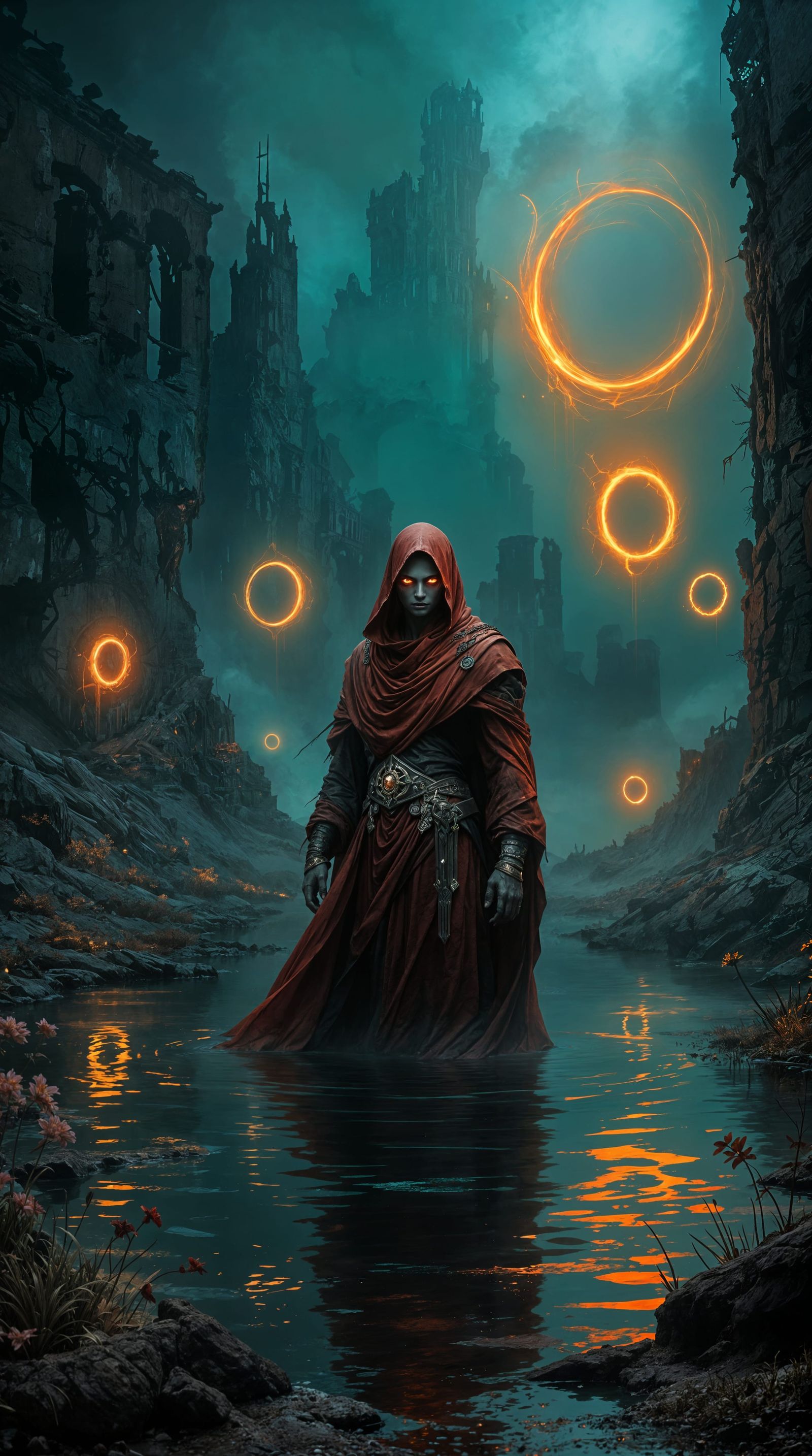 Fantasy Oracle Amidst Ruins and Glowing Rings