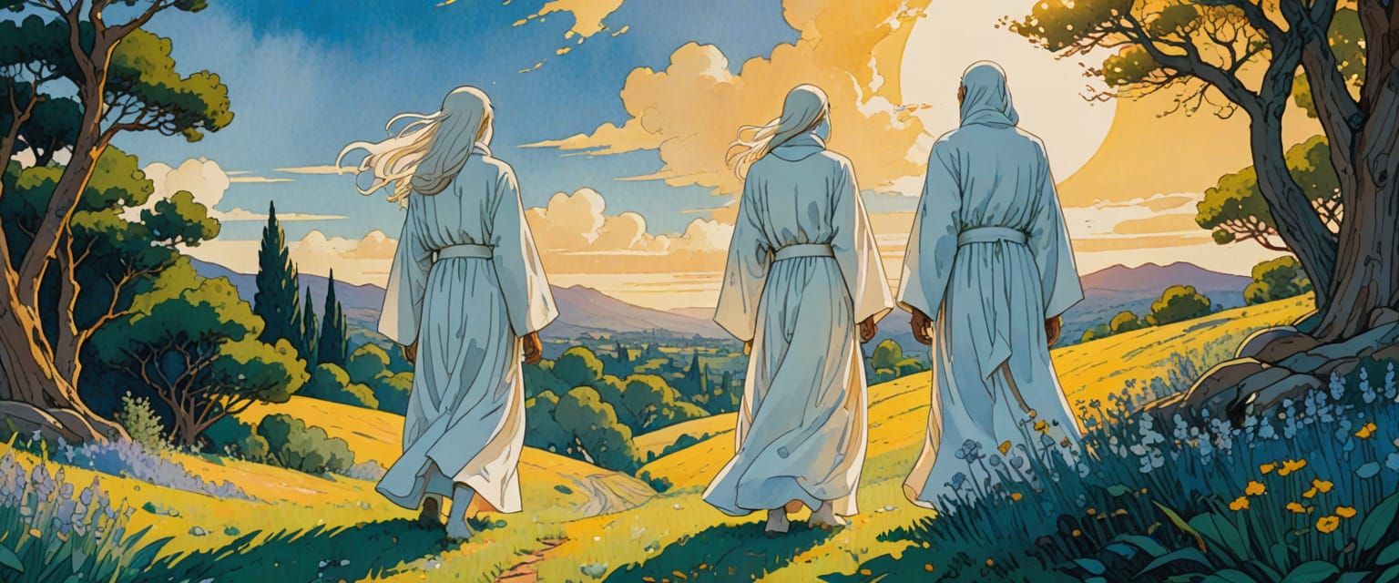 Sun-Faced Beings in White Robes, Watercolor Comic Style