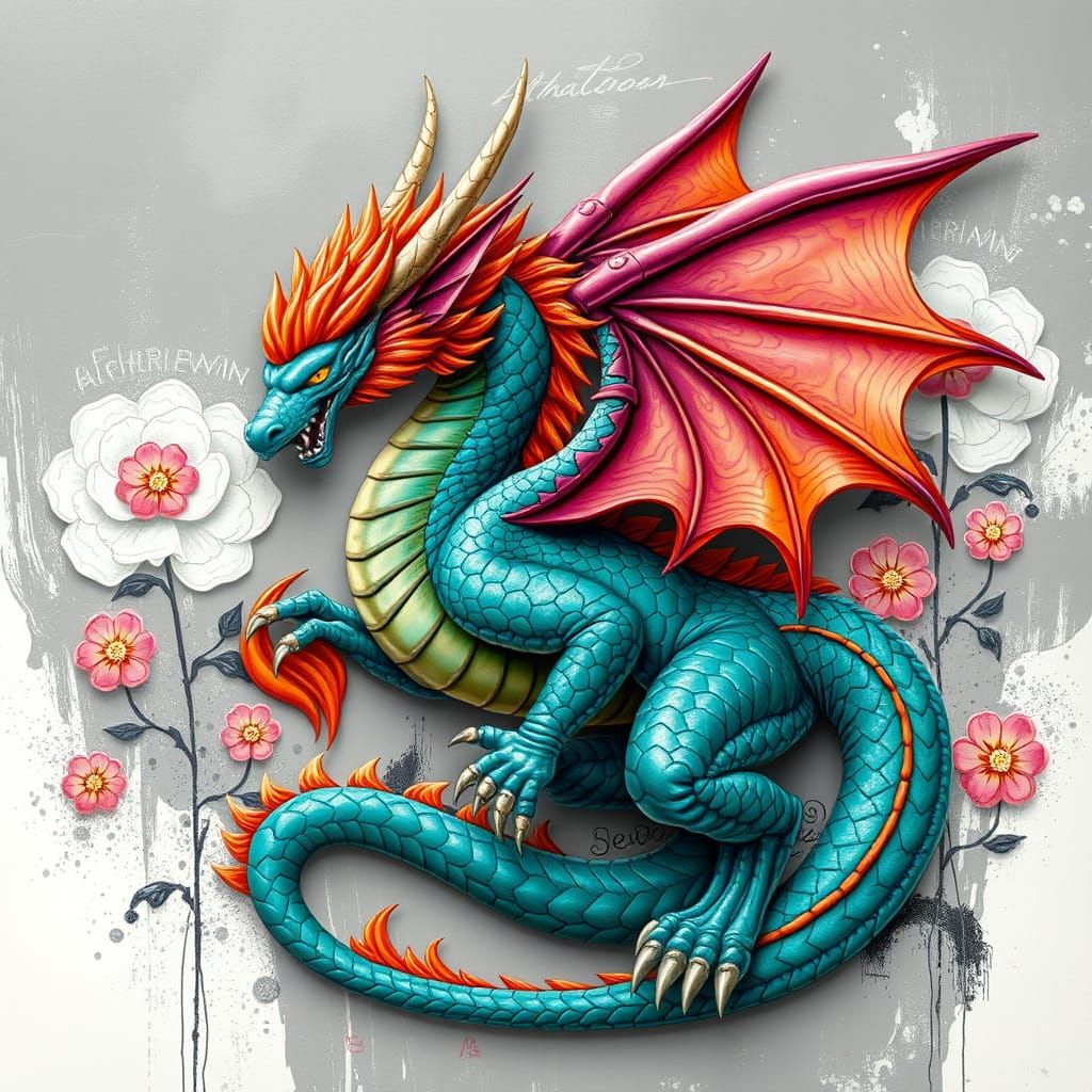 Teal Dragon with Fiery Mane in Abstract Setting