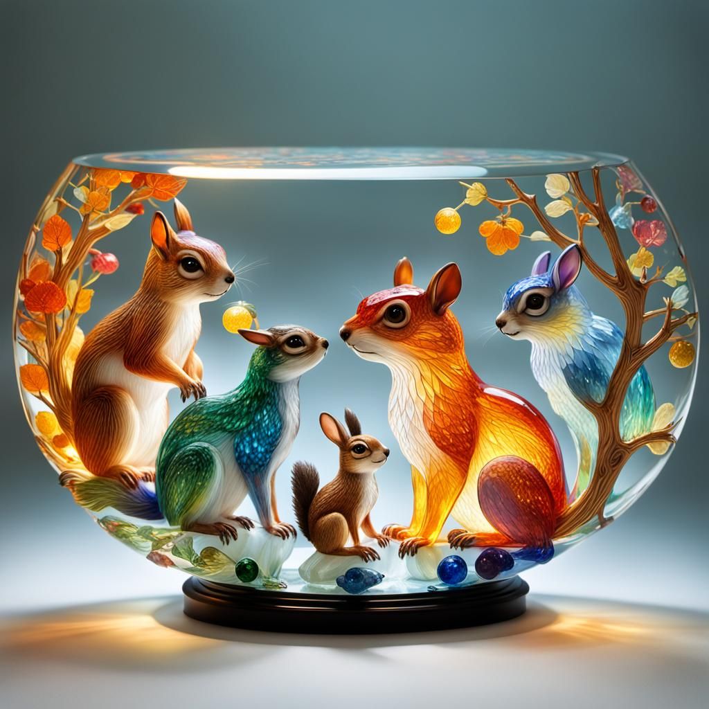 Enameled Crystal Animals in Translucent Glass Sphere