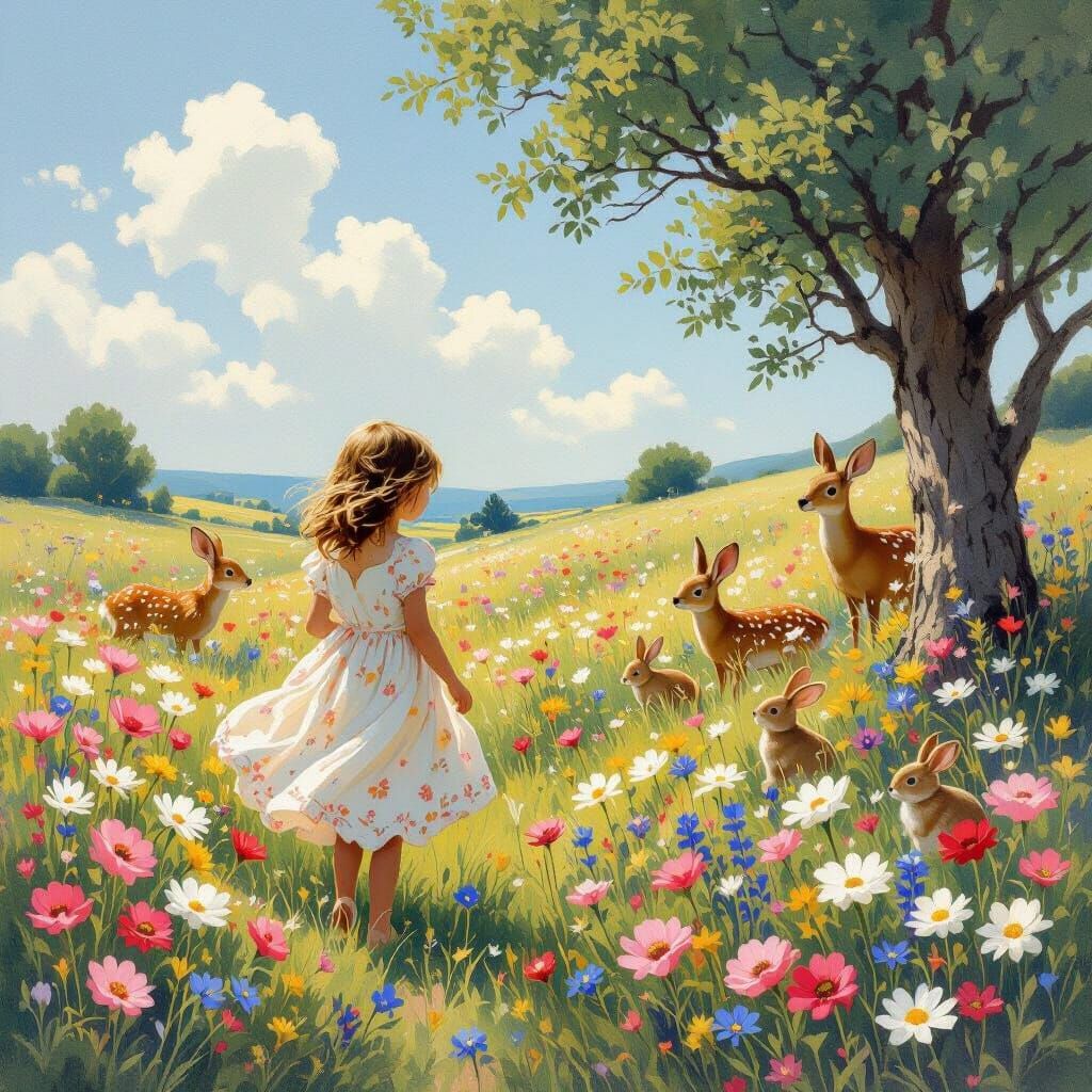 Girl in Wildflower Meadow, Impressionistic Style