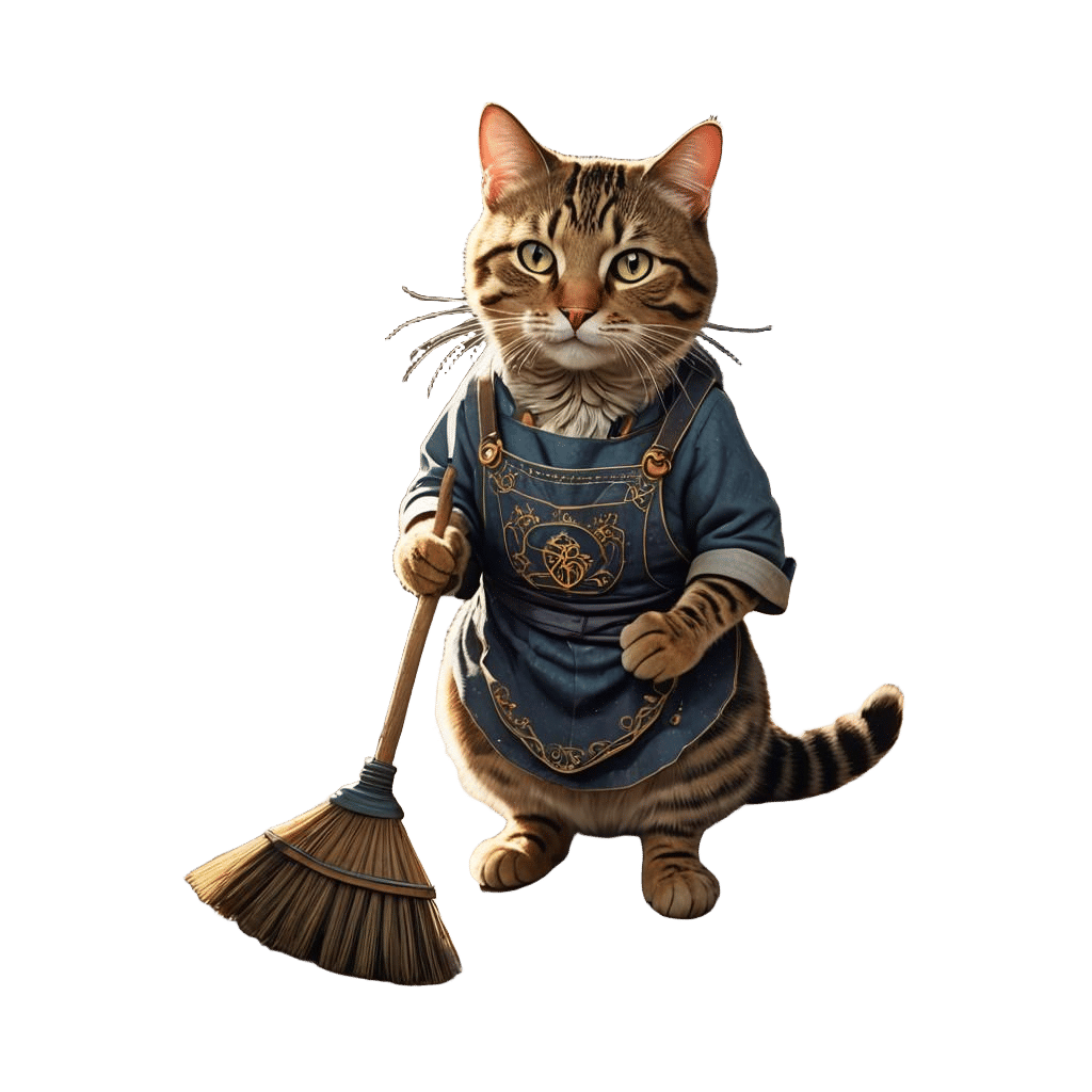 A tabby cat, adorned in slippers and an apron, engages in ho...