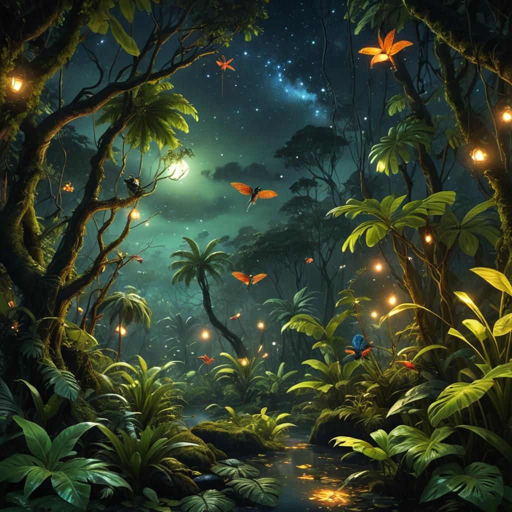 Rainforest in the night with a starry sky