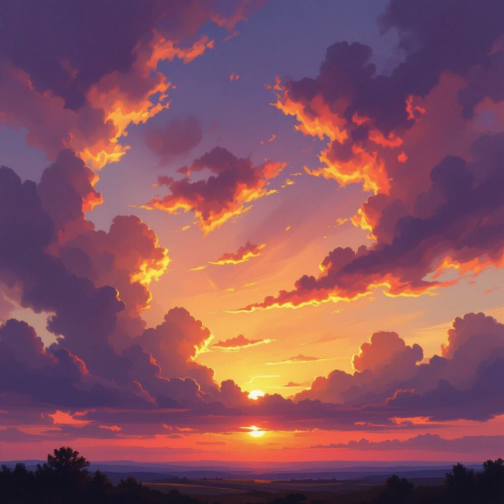 Vibrant Sunset Painting with Dramatic Clouds
