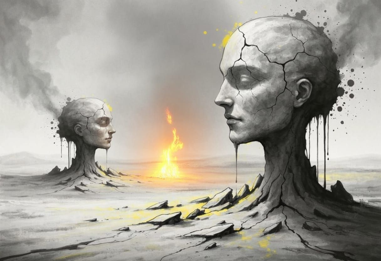 Cracked Desert Heads in Expressive Ink Painting Style