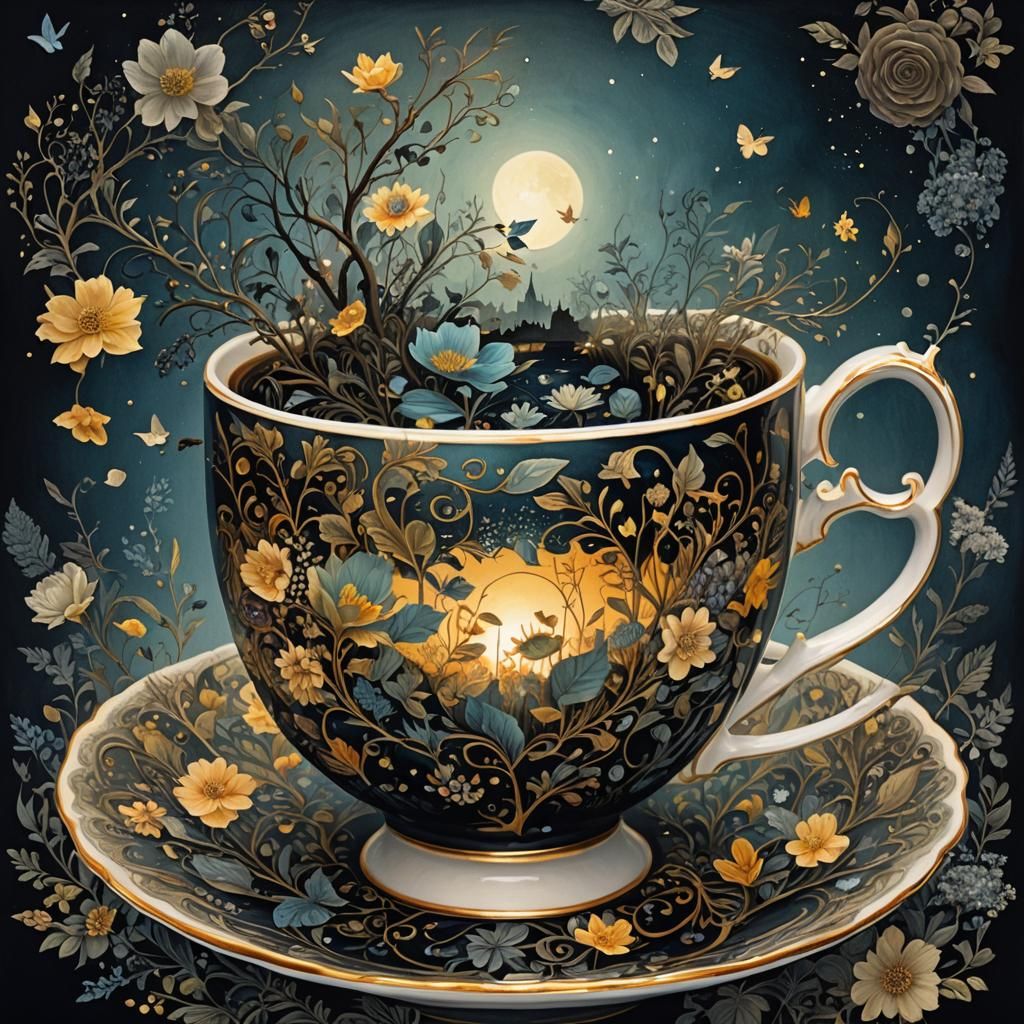 Night in a Teacup: Mixed Media Double Exposure