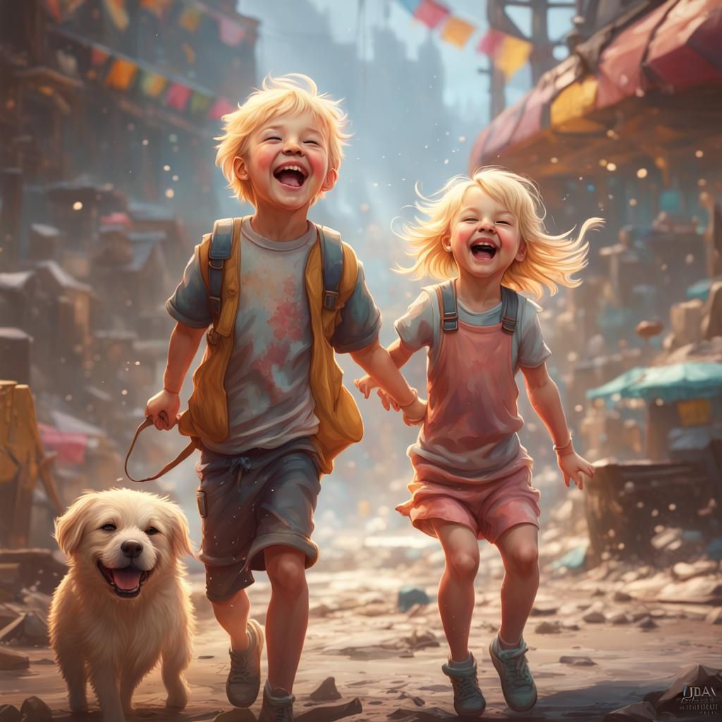 Laughing Girl with Friend: Hyperdetailed Splash Art