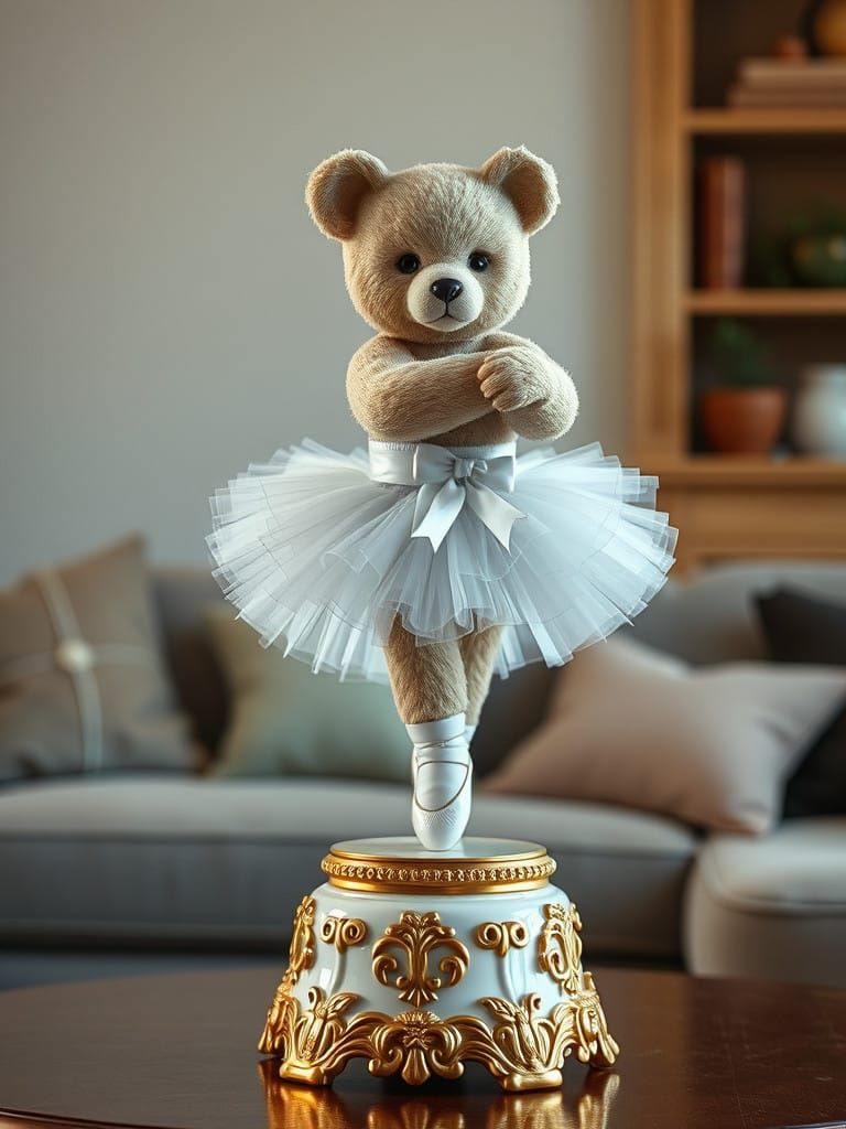Elegant Porcelain Ballerina Teddy Bear on Ornate Gold Plinth