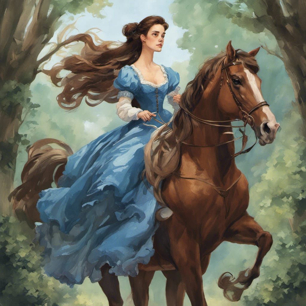 Woman in Rococo Dress Riding Horse Through Forest