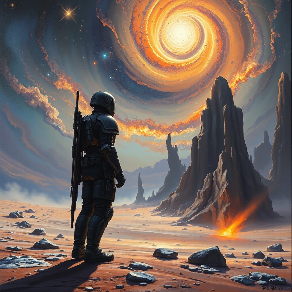 Lone Soldier Gazes at Alien Nebula in Hyperrealistic Oil Pai...
