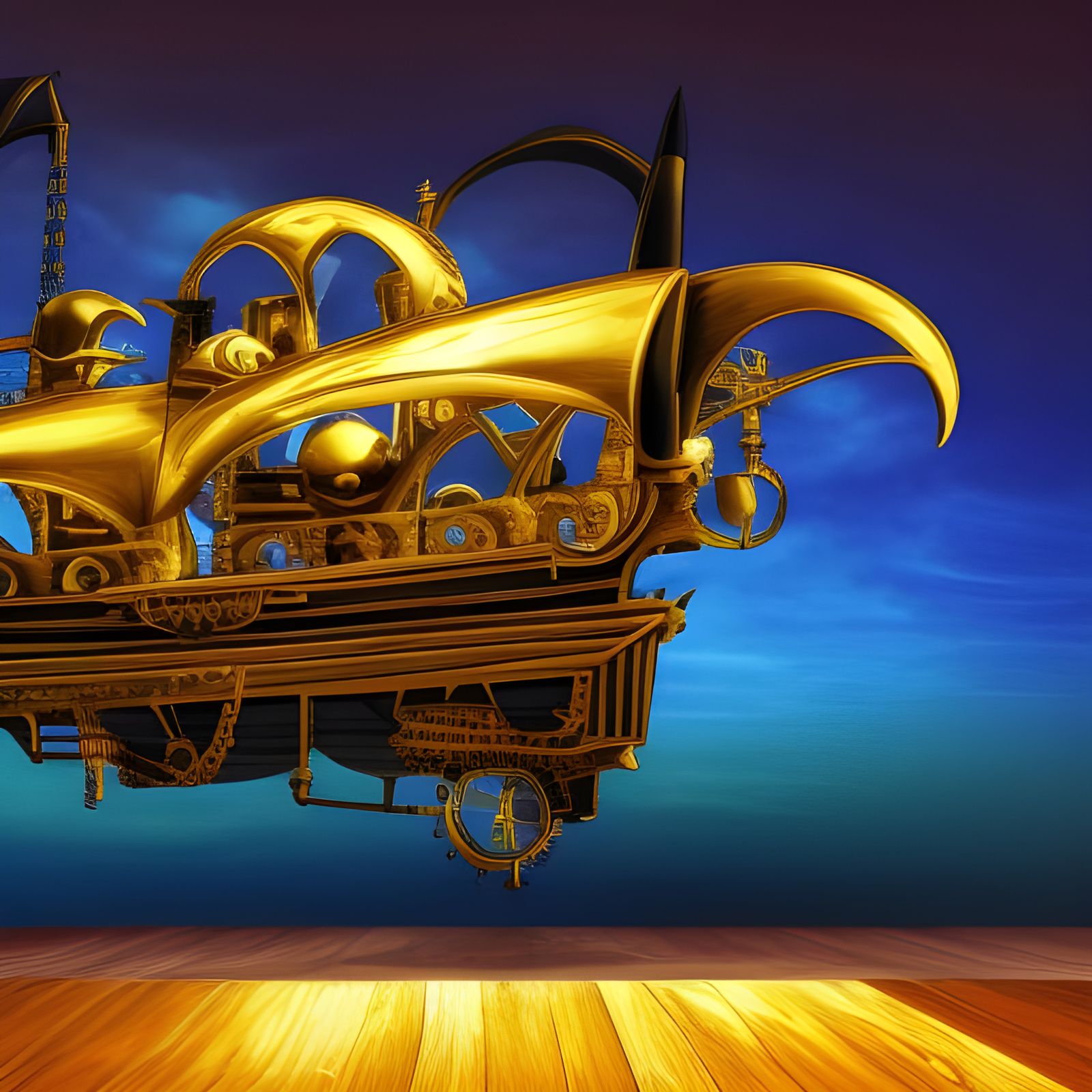 Golden Steampunk Spaceship Soaring in Surreal Sky