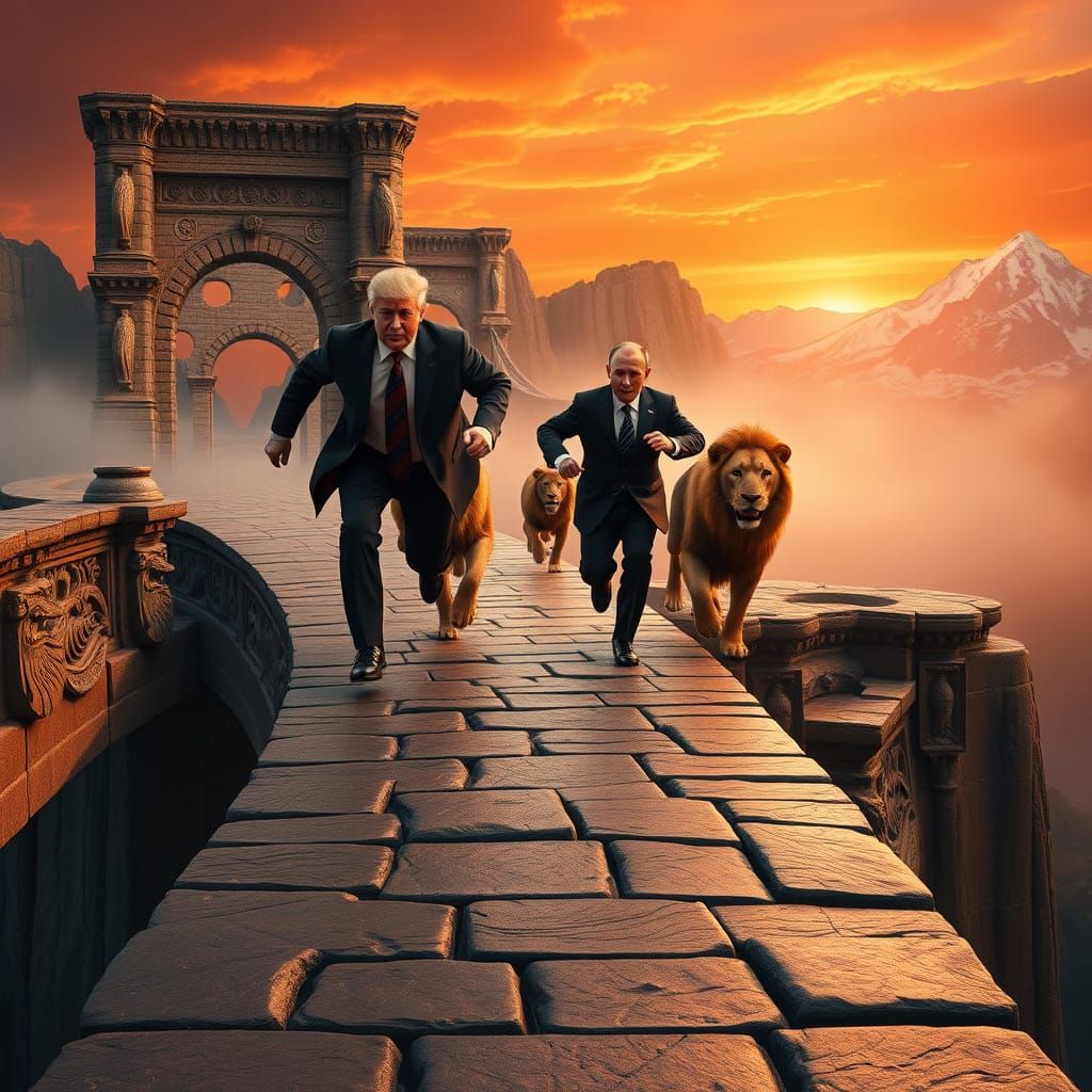 Trump and Putin Flee Lions on Ancient Bridge in Dramatic Lan...