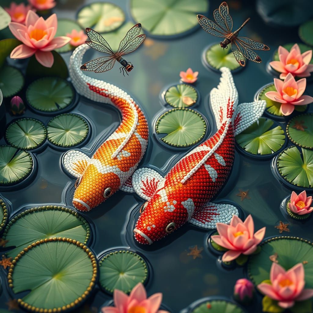 Beaded Koi Fish in Pond: Matte Painting Style