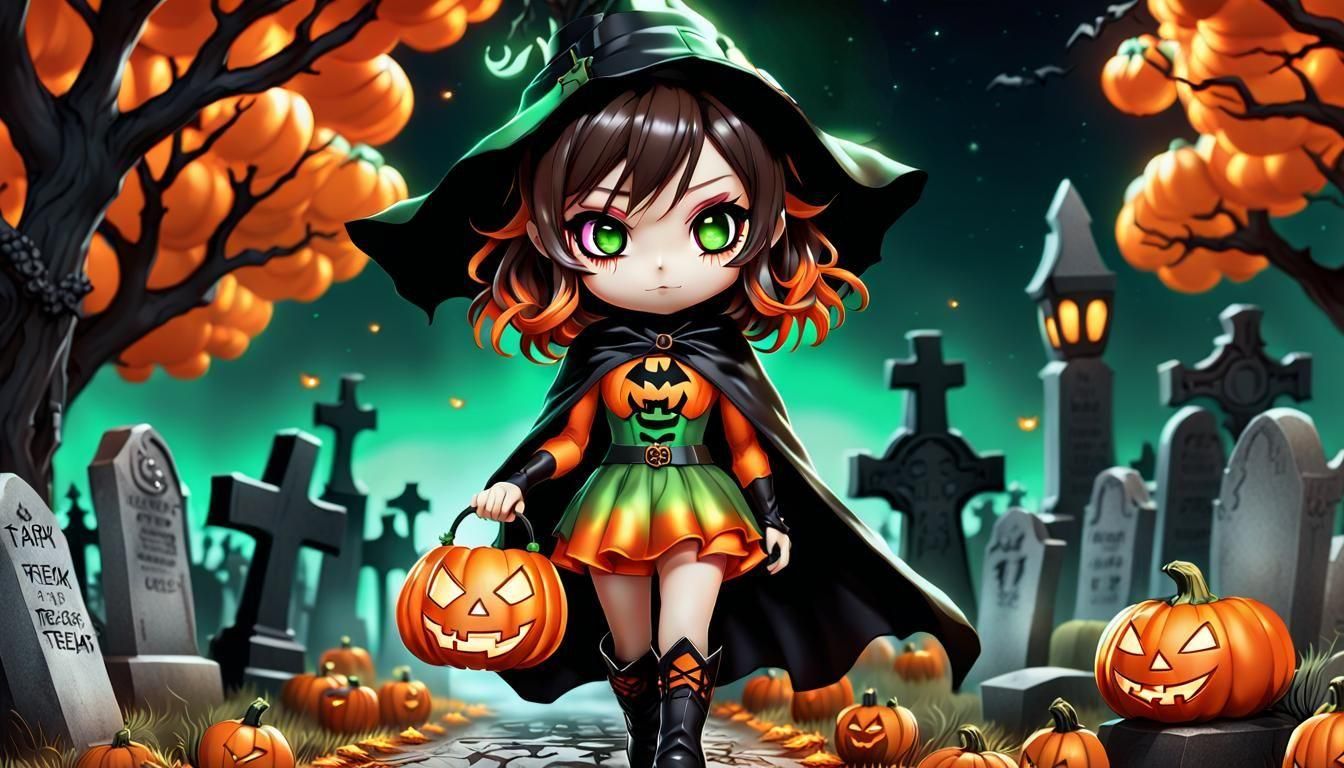 Cute Chibi Pumpkin Character in Halloween Cemetery