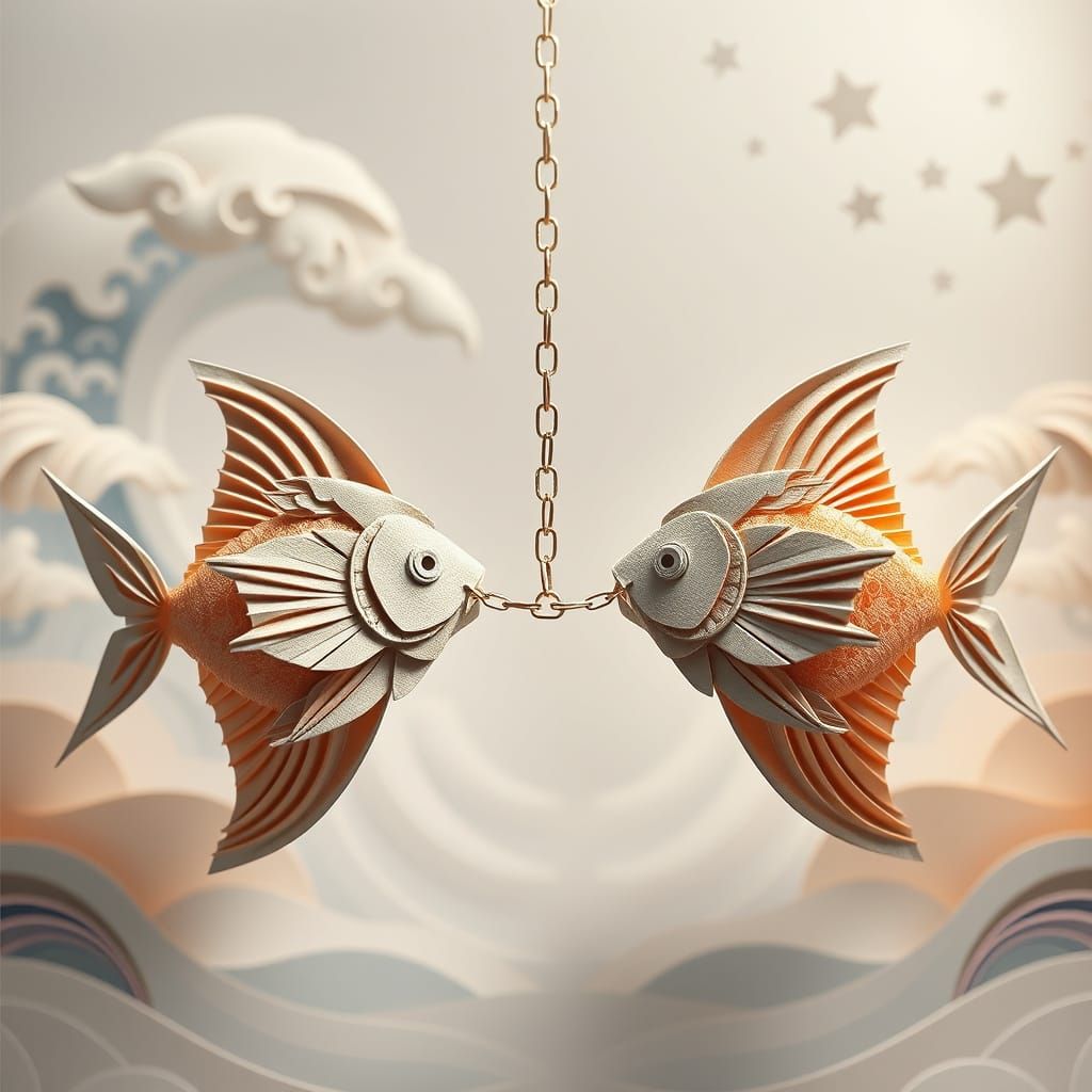 Symmetrical Fish in Origami-Inspired Scene with Abstract Wav...