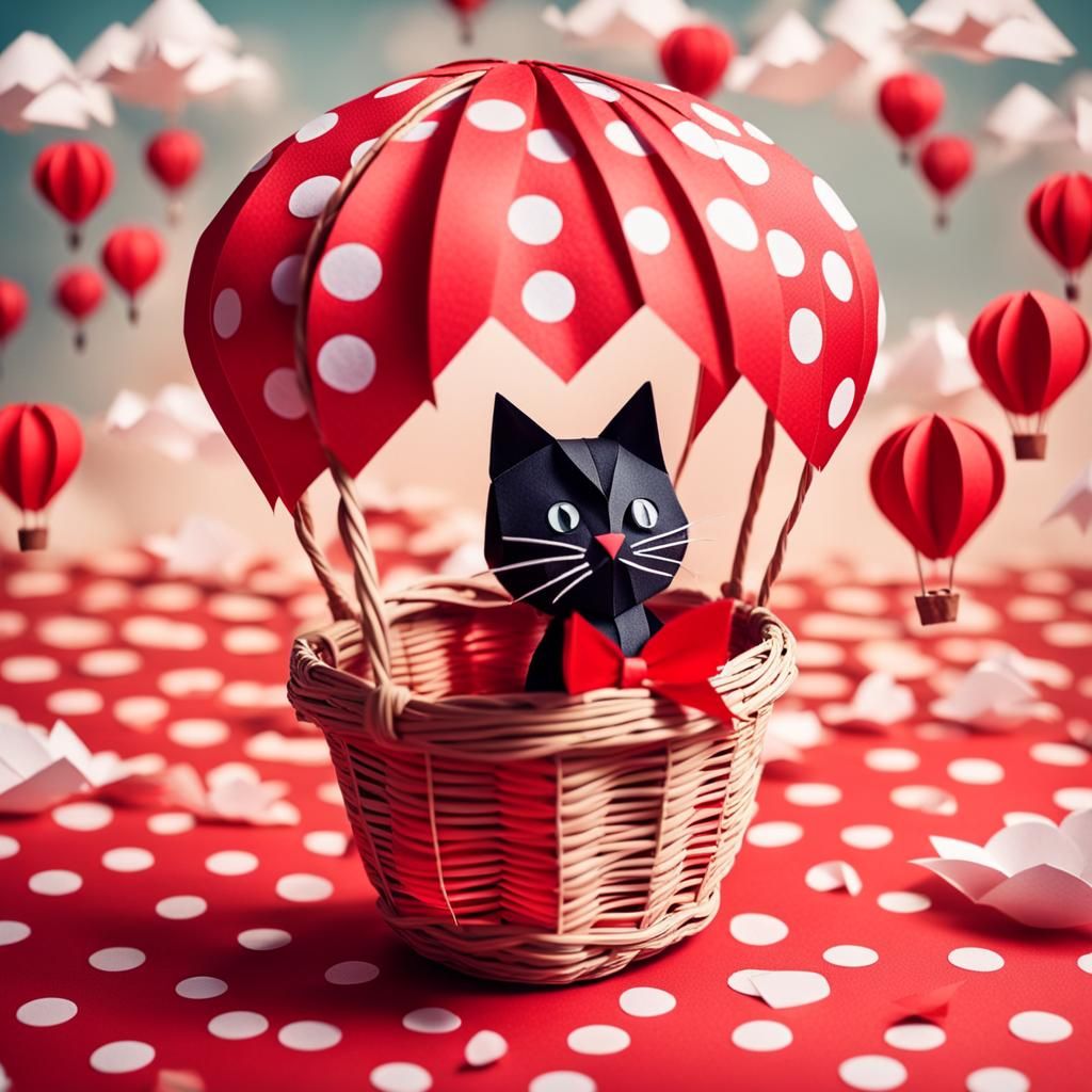 Red Polka Dot Balloon with Black Cat: Origami Style