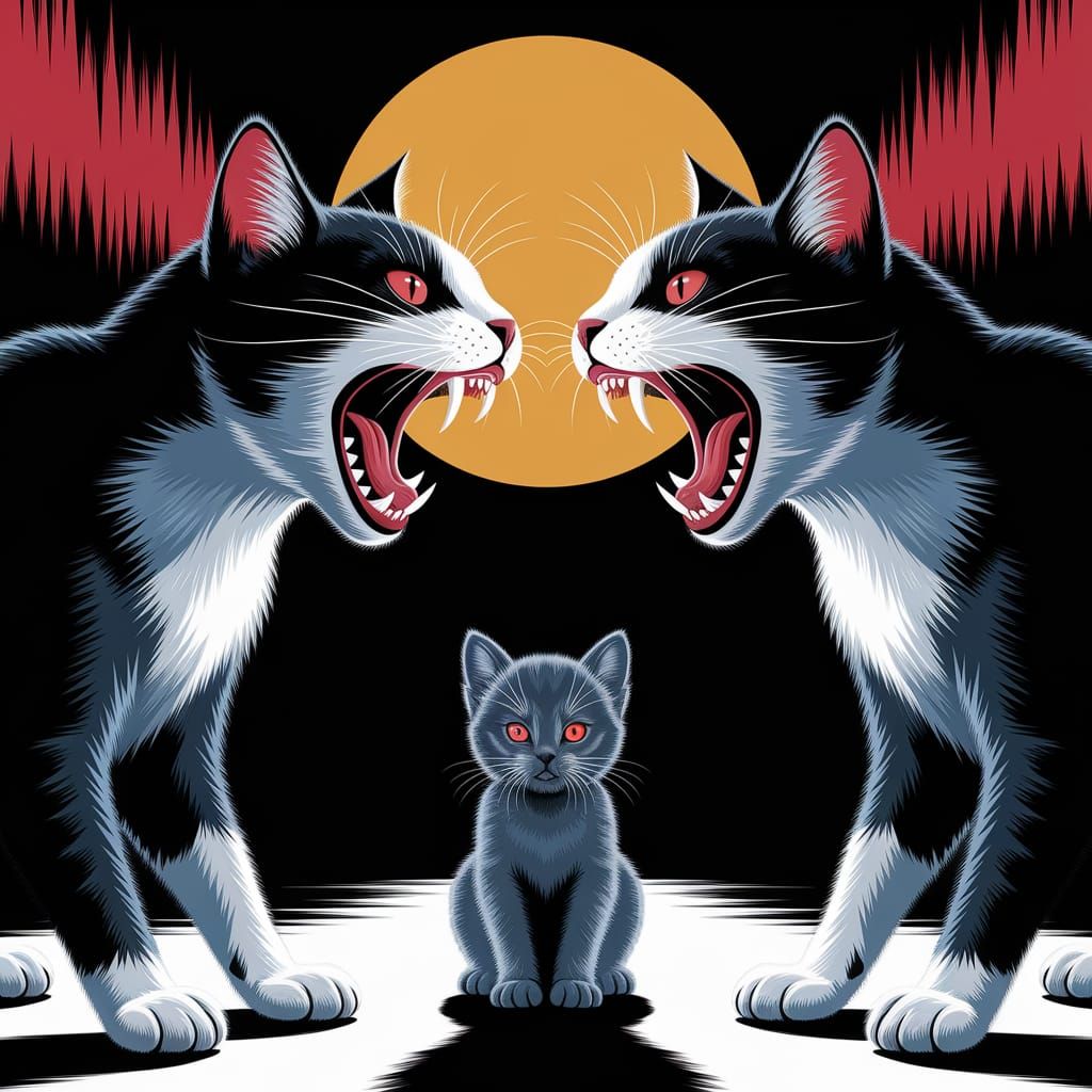 Stylized Cats in a Dark, Painterly Composition