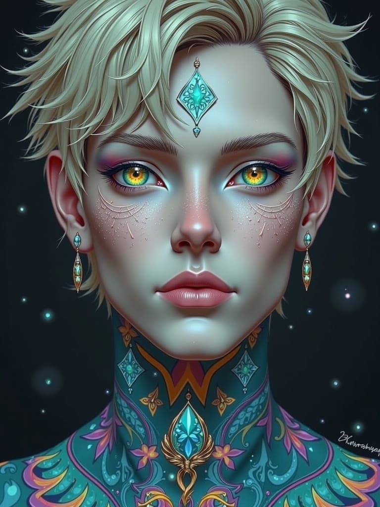 Ethereal Androgynous Fae with Vibrant Tribal Tattoos