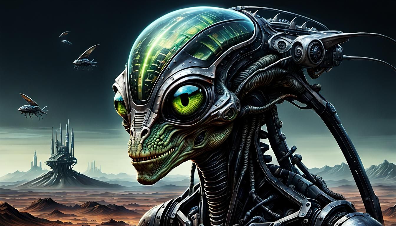 Cybernetic Alien Reptile Portrait in Dieselpunk Style