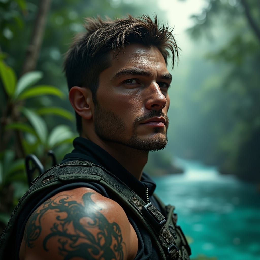 Solid Snake in Tactical Gear, Hidden in Jungle Foliage