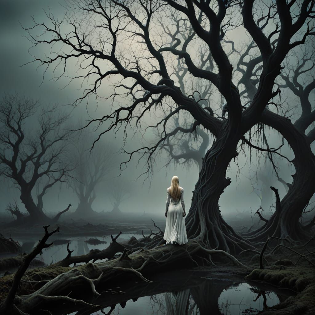 Gothic Beauty Walks Through Moonlit Marshes
