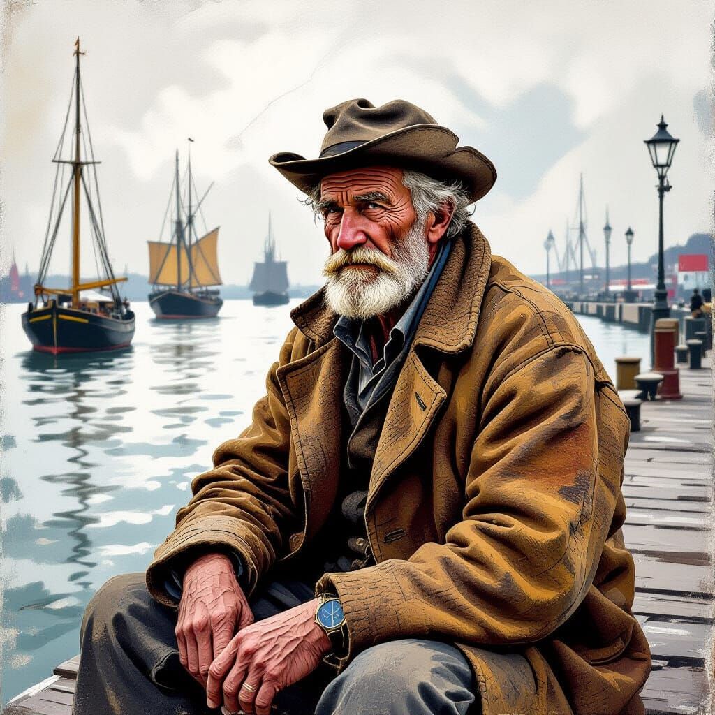 Weathered Sailor Gazing at Ships: Sketch Art