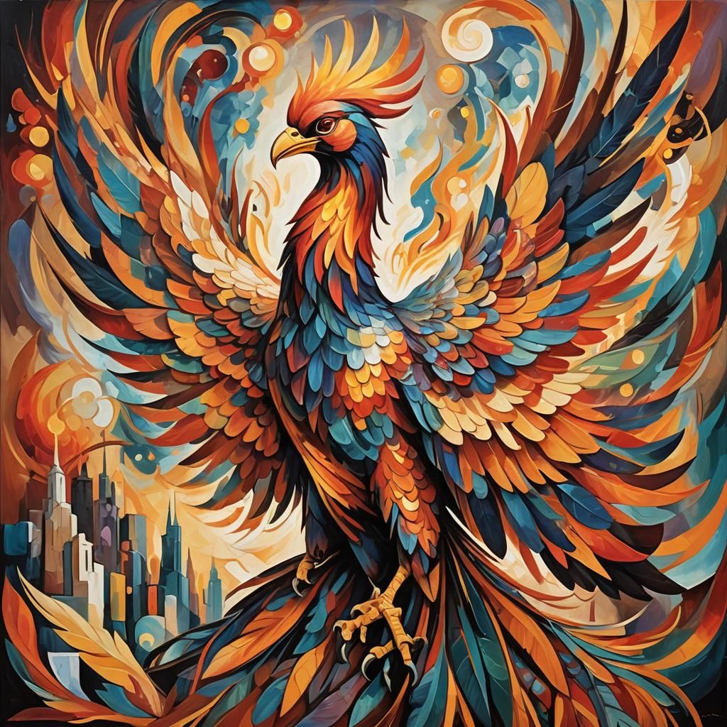 Cubist Phoenix Rising in Mystical Landscape