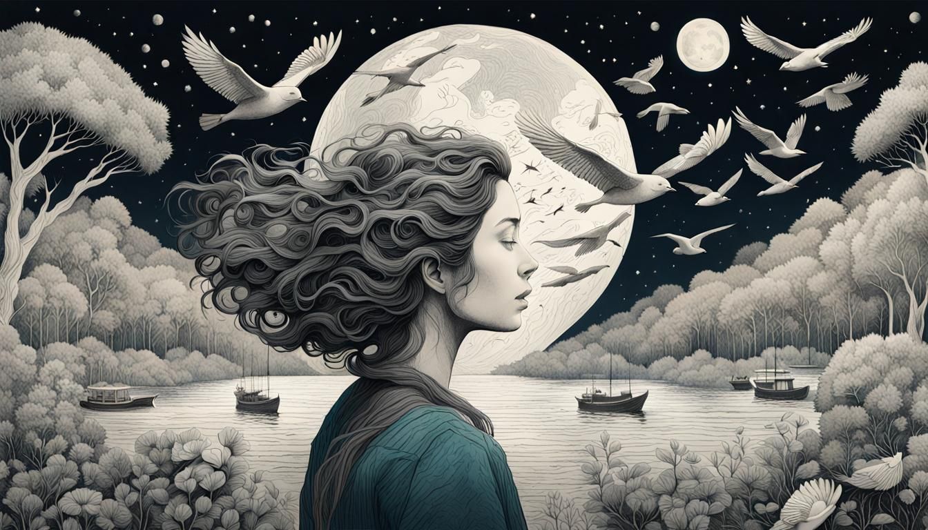 Woman Holding Galaxy with Birds and Flowers