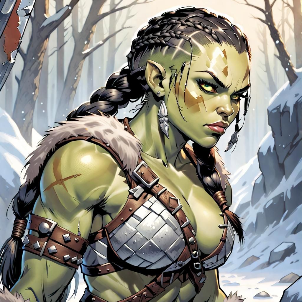 Beautiful Half-Orc Barbarian Portrait in Comic Book Art
