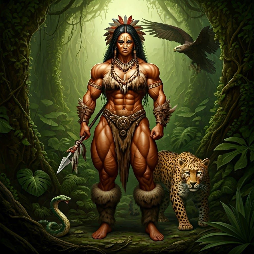 Tribal Warrior Woman in Jungle, Mystical Art