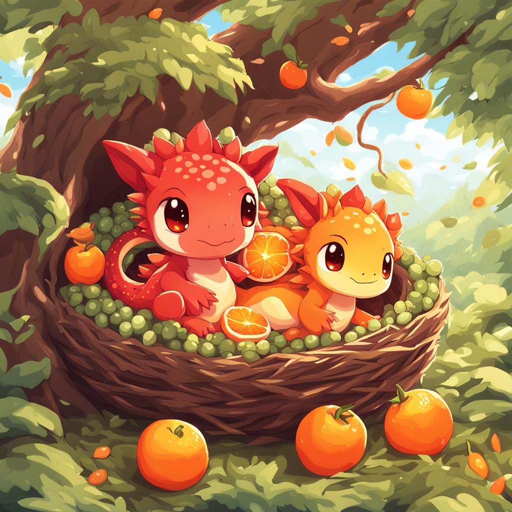 Cute Kawaii Fruit Dragons in Anime Style