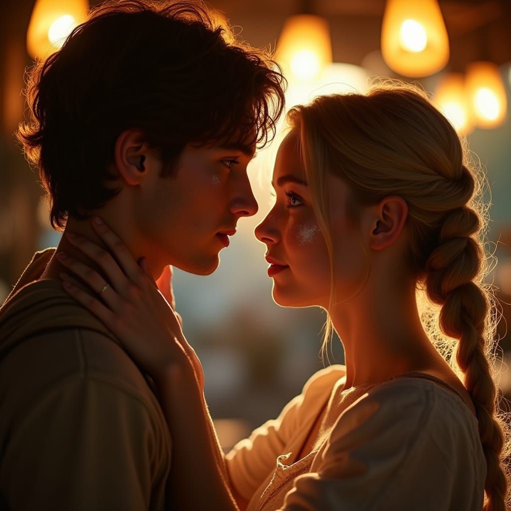 Intimate Moment of Two Lovers Basking in Warm Golden Light