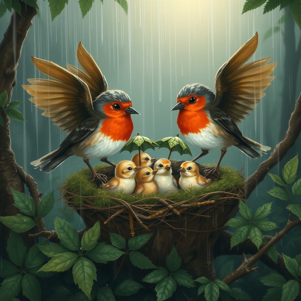 Majestic Parent Robins Protect Chicks in Primordial Forest S...