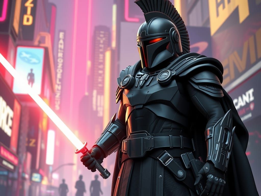 Futuristic Roman soldier clad in sleek, matte-black, lightwe...