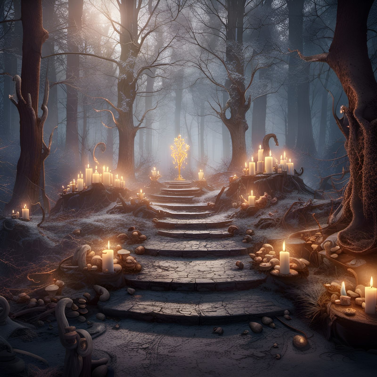 Candlelit Forest Altar in Detailed Matte Painting