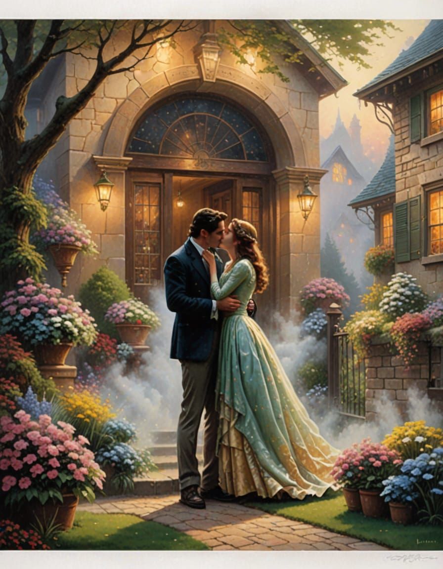 Ethereal Fantasy Couple Embracing in Front of Whimsical Hous...