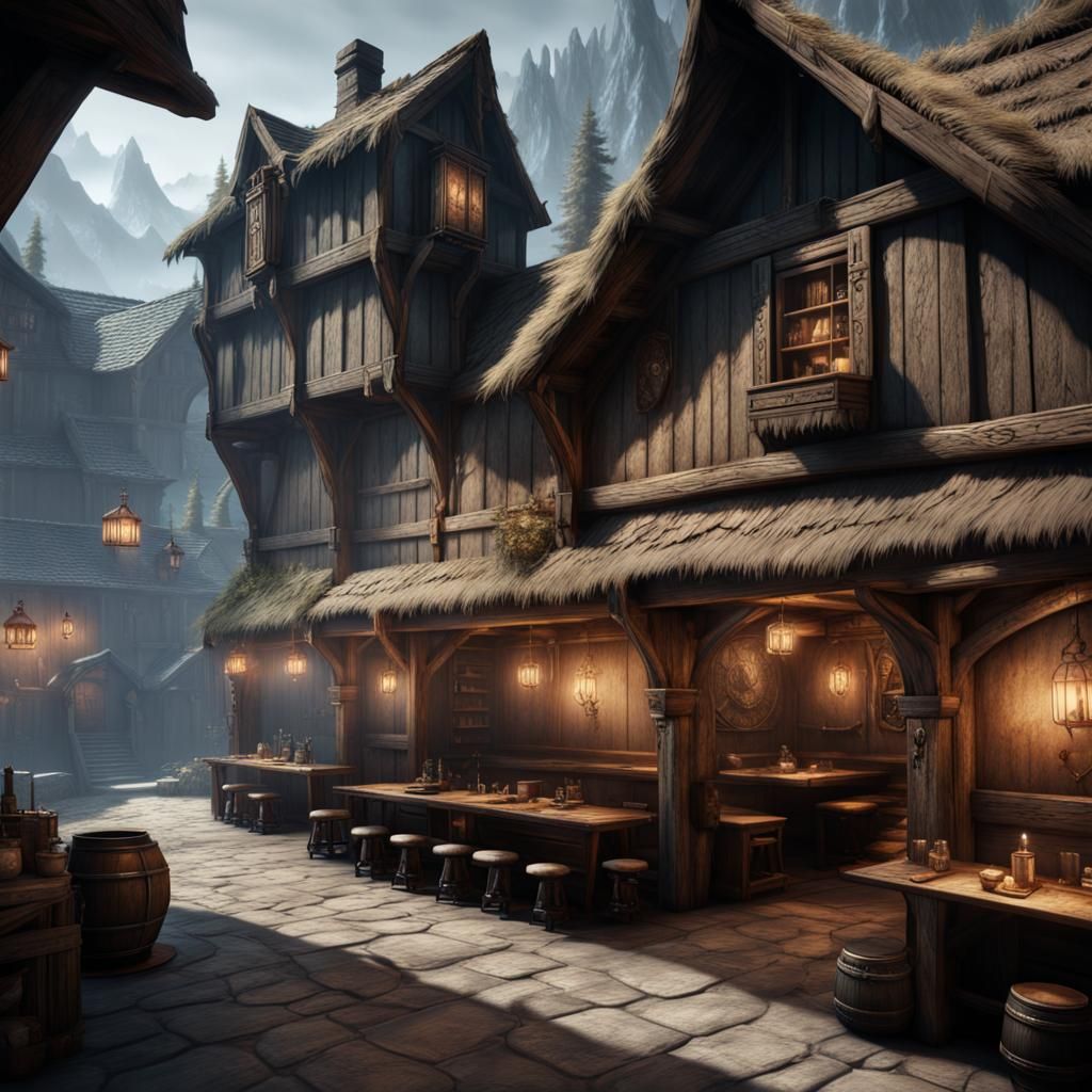 Detailed Skyrim Taverns in Fantasy Concept Art