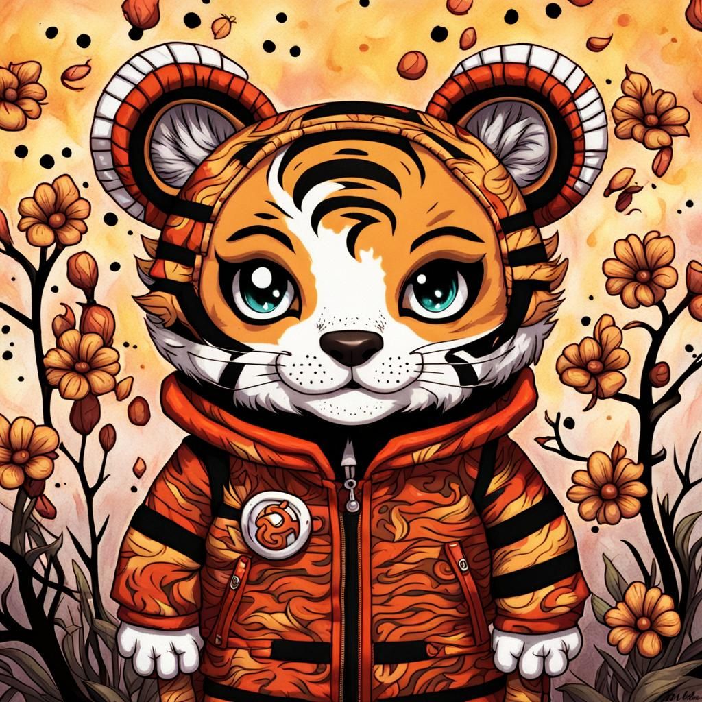Chibi Anthro Tiger Cub in Flame Pattern Clothes