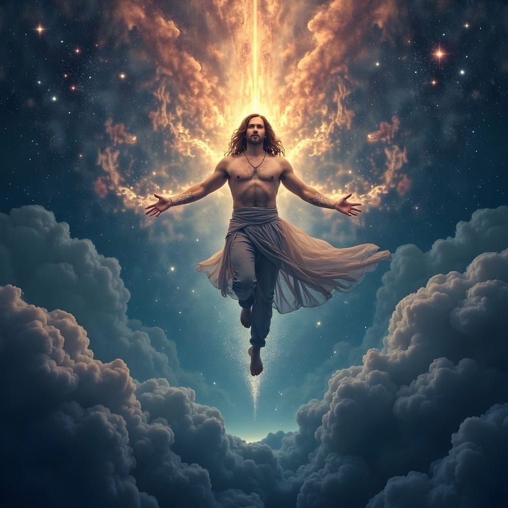Glowing Celestial Man Ascends Amidst Nebulae