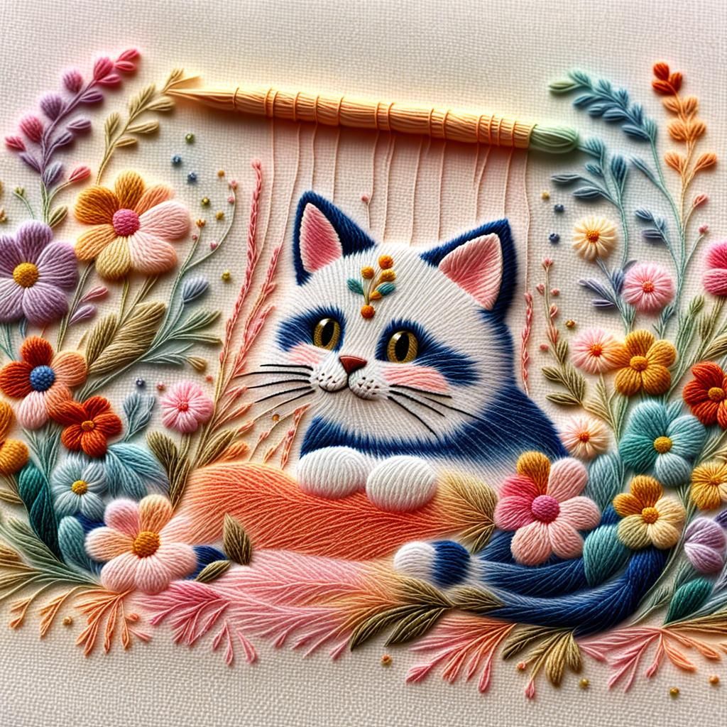 Charming Embroidered Cat Contemplating Mouse in Folk Art Sty...