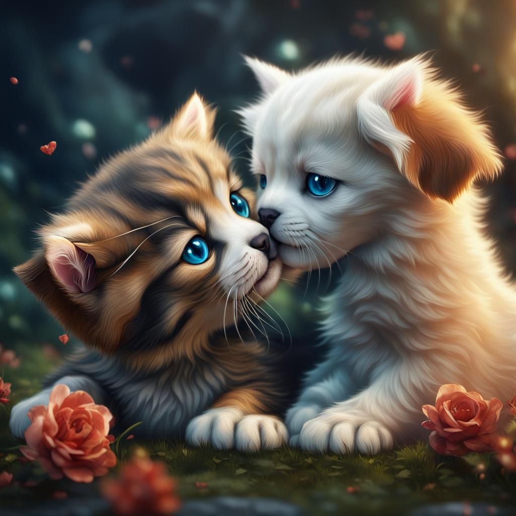 Puppies and Kittens Kiss: A Detailed Matte Painting