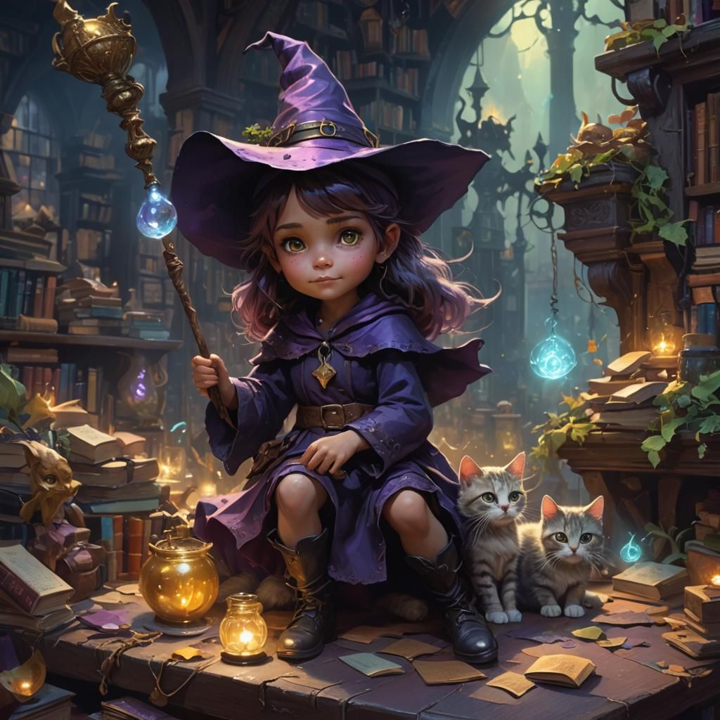 Charming Witch and Cat in Bookshop: Dark Fantasy Art