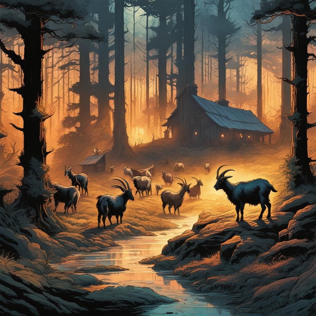 Goats in Woods: Watercolor Comic Book Art